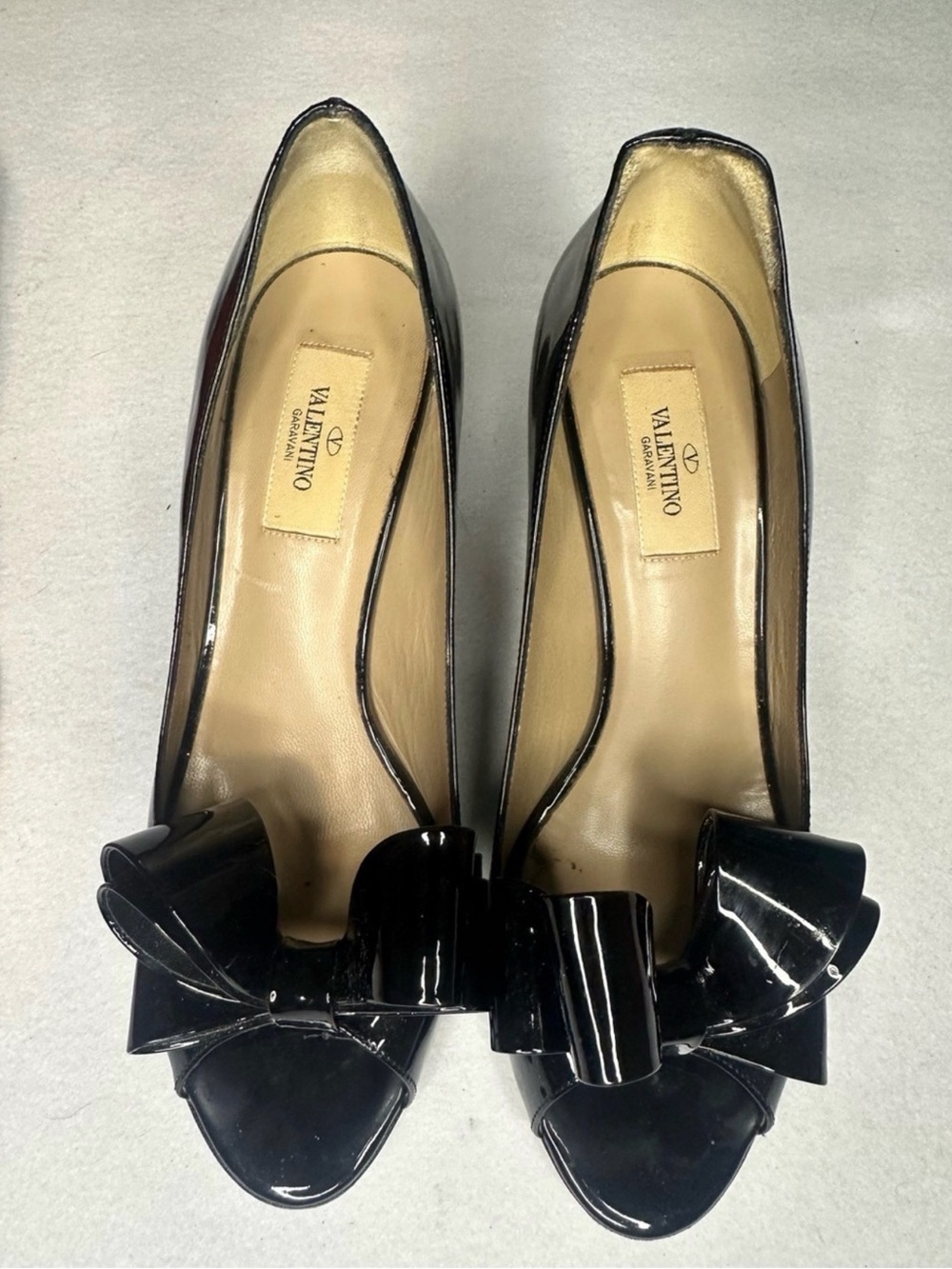 Valentino Black Patent Leather Peep-Toe Pumps with Bow